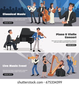 Three horizontal musician banner set with classical music piano and violin concert live music event descriptions vector illustration