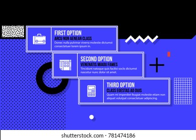 Three horizontal options/banners in fancy geometric style on bright blue background