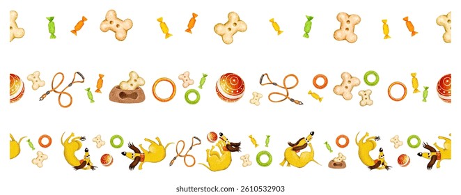 three horizontal patterns with cute dogs, dog toys, bones and candies 