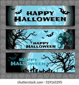 three horizontal postcard depicting a young beautiful cheerful witch in an abandoned cemetery with Halloween text. Texture of old gray wood. Vector.
