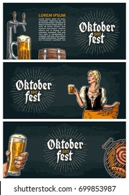Three horizontal Poster to oktoberfest festival. Beer tap, glass, wood barrel, barbecue and girl holding mug. Vintage vector engraving illustration for invitation to party on dark background.