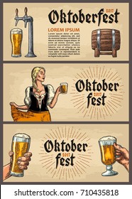 Three horizontal Poster to oktoberfest festival. Beer tap, glass, wood barrel, barbecue and girl holding mug. Vintage vector engraving illustration for invitation to party on dark background.