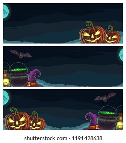 Three horizontal posters Halloween. Bat, lamp, moon, witch hat, magic pot, pumpkin scary face. Vector color vintage engraving illustration on night sky background