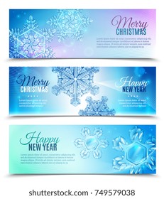 Three horizontal realistic snowflake banner set with marry Christmas and happy new year vector illustration