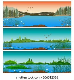 three horizontal river landscapes with forest hills  and  reeds