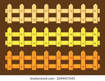 Three horizontal rows of cartoon-style wooden picket fences in varying shades of yellow and orange against a brown backdrop.
