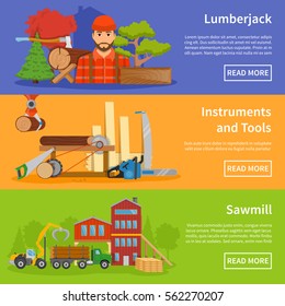 Three horizontal sawmill banners set with compositions of professional processing equipment text and read more button vector illustration