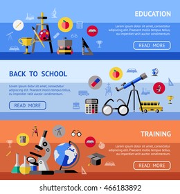 Three horizontal school banner set with headlines education back to school and training vector illustration