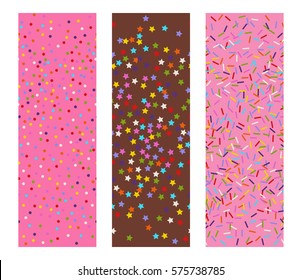 three horizontal seamless flat vectors patterns of sprinkles stars, dots and lines as bakery candy or festive confetti background