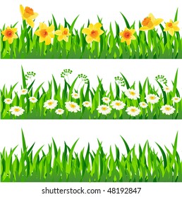 Three horizontal seamless patterns with grass and flowers