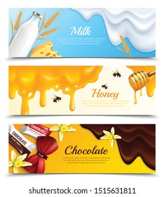 Three Horizontal Slime Splatters Blots Drips Realistic Banner Set With Milk Honey And Chocolate Headline Vector Illustration