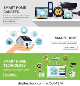 Three horizontal smart home horizontal banner set with smart home gadgets technology and read more buttons vector illustration