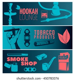 Three horizontal smoking banner set on hookah lounge tobacco products and smoke shop themes vector illustration