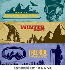 Three horizontal snowboarding banner set with freeride snowboarding winter sports descriptions vector illustration