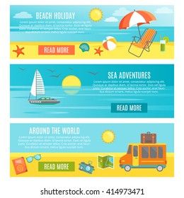 Three horizontal summer banner set with different types of tourism and recreation vector illustration