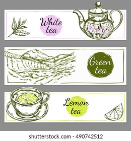 Three horizontal tea time banner set with white green and lemon tea descriptions vector illustration
