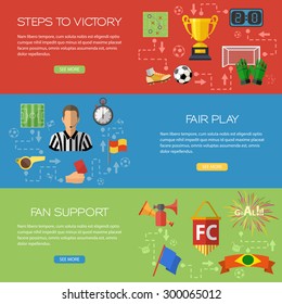 Three horizontal Vector banners in style flat with different icons on theme of soccer, football, fans, referee, such as ball, red card, trophy, goal signs and symbols