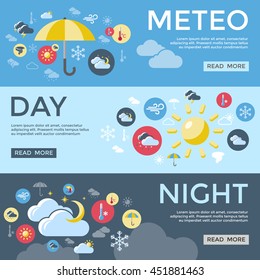 Three horizontal weather forecast banner set with meteo day night descriptions and read more buttons vector illustration