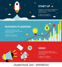 Three horizontal web banners of business and technology optimization. Advertising illustrations set in flat style. Vector pictures with place for your text. Business planning and start up