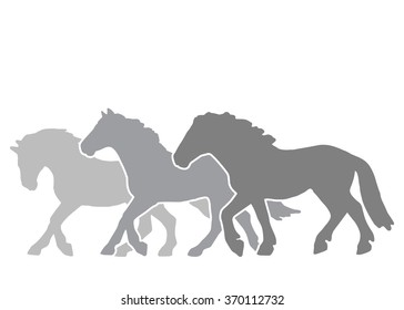 three horse race run silhouettes on a white background
