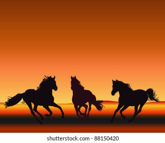 Three horses gallop silhouetted on sunset, vector