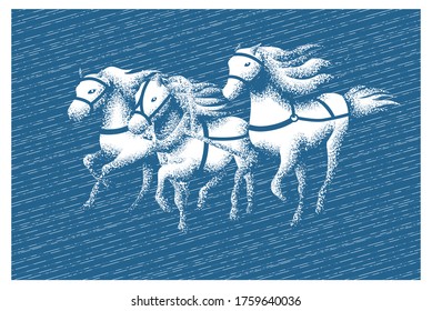 Three horses galloping fast. Vector illustration