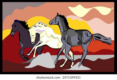 Three horses running across a stylized landscape with a backdrop of red hills under a sky with yellow and cream-colored clouds. The style is  simplified, giving the image a dynamic and abstract feel.