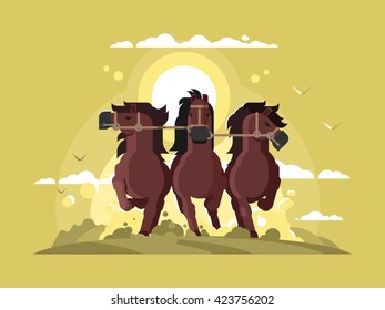 Three horses running. Stallion team run gallop, nature strong and free animal. Vector illustration
