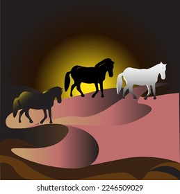 three horses walking over the desert

