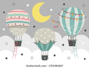 three Hot Air Balloon  fly in the night sky
  - vector illustration, eps    