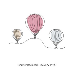 three hot air balloon,hand-drawn, continuous monoline, drawing in one line