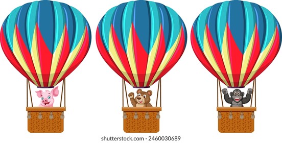 Three hot air balloons carrying cartoon animals