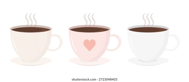 Três xícaras de café quente em cores pastel