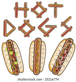 Three hot dogs with buns and the words "Hot Dogs" spelled with hot dogs