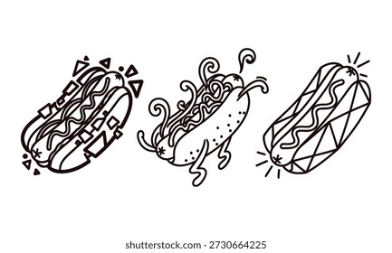 Três cachorros-quentes com coberturas e condimentos diferentes desenhados