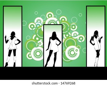 Three hot girls posing around and dancing with green backround and bubbles