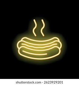 Three hot smoking sausages with steam, represented by a yellow neon sign on a black background