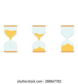 Three hourglass vector icon set. Sand watch. Sand glass. Empty, full hourglass