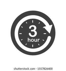 Three hours round icon with arrow. Black and white vector symbol.