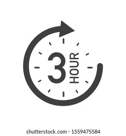 Three hours round icon with arrow. Black and white vector symbol.