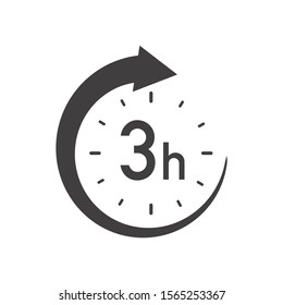 Three hours round icon with arrow. Black and white vector symbol.