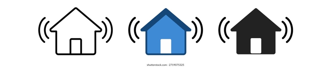 Três ícones da casa em diferentes estilos, incluindo contornado, preenchido com desenhos em azul e preto sólido.