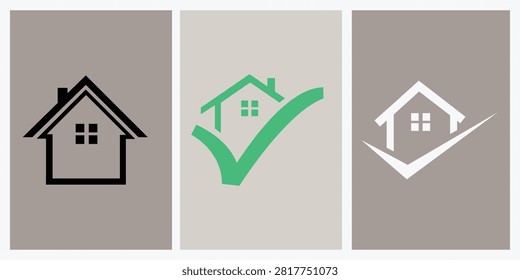 Three house icons showing simple line art with one having green checkmark