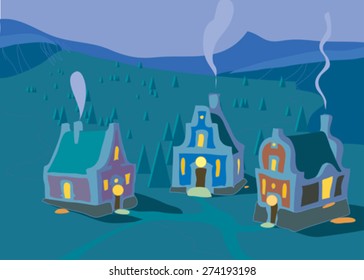 Three house with luminous windows at night. Vector