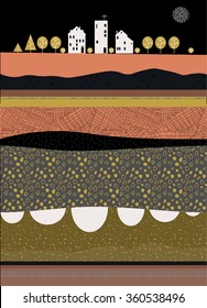 Three houses. Earth section .Night. Abstract poster. Ink hand drawn textures. Stock vector.