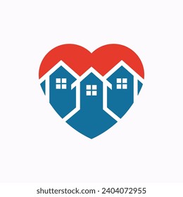 Icono de logo de tres casas envuelto en un corazón que simboliza amor residencial y cuidado comunitario