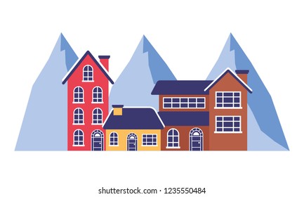 three houses and mountains landscape