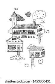 three houses with a roof, tiles, a tower, rope ladders, doors, windows, curtains, flags, lanterns, fly in the clouds. Heroes  in the windows: a boy catches love with a bait, a cat, plants, palm tree