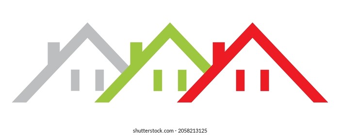 Three houses, roofs with windows and chimneys, colored vector icon