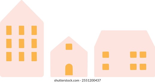 Three houses are shown in a row, with the middle one being the tallest